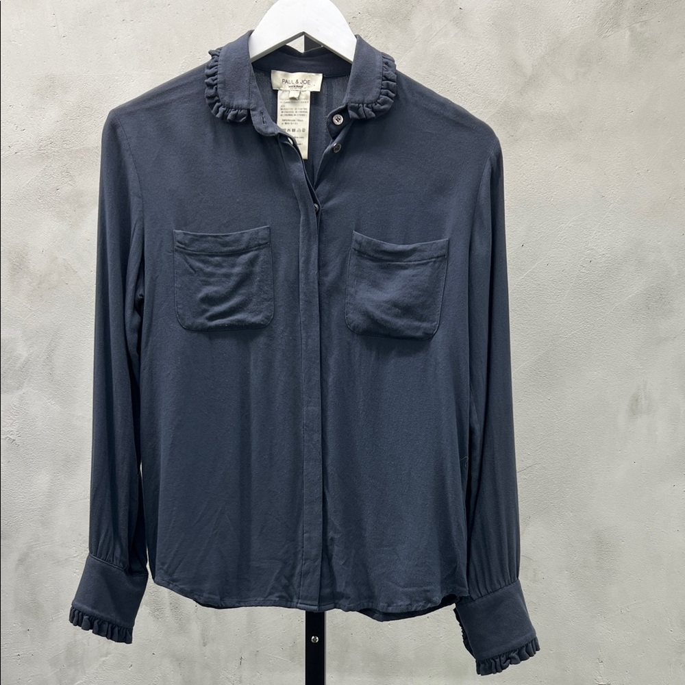 Paul & Joe Dark Blue/grey Ruffle Collar Shirt